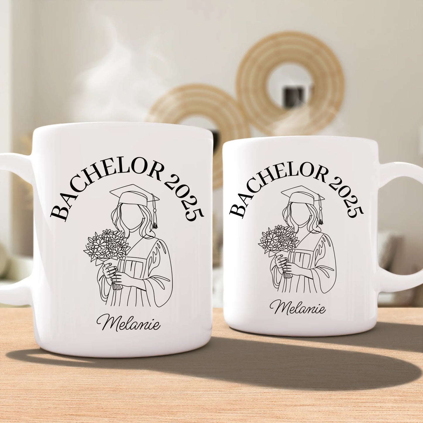 Personalisierte Tasse - Bachelor mit One-Line-Art Zeichnung mit Name und Jahr