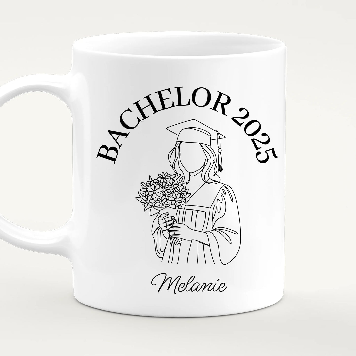 Personalisierte Tasse - Bachelor mit One-Line-Art Zeichnung mit Name und Jahr
