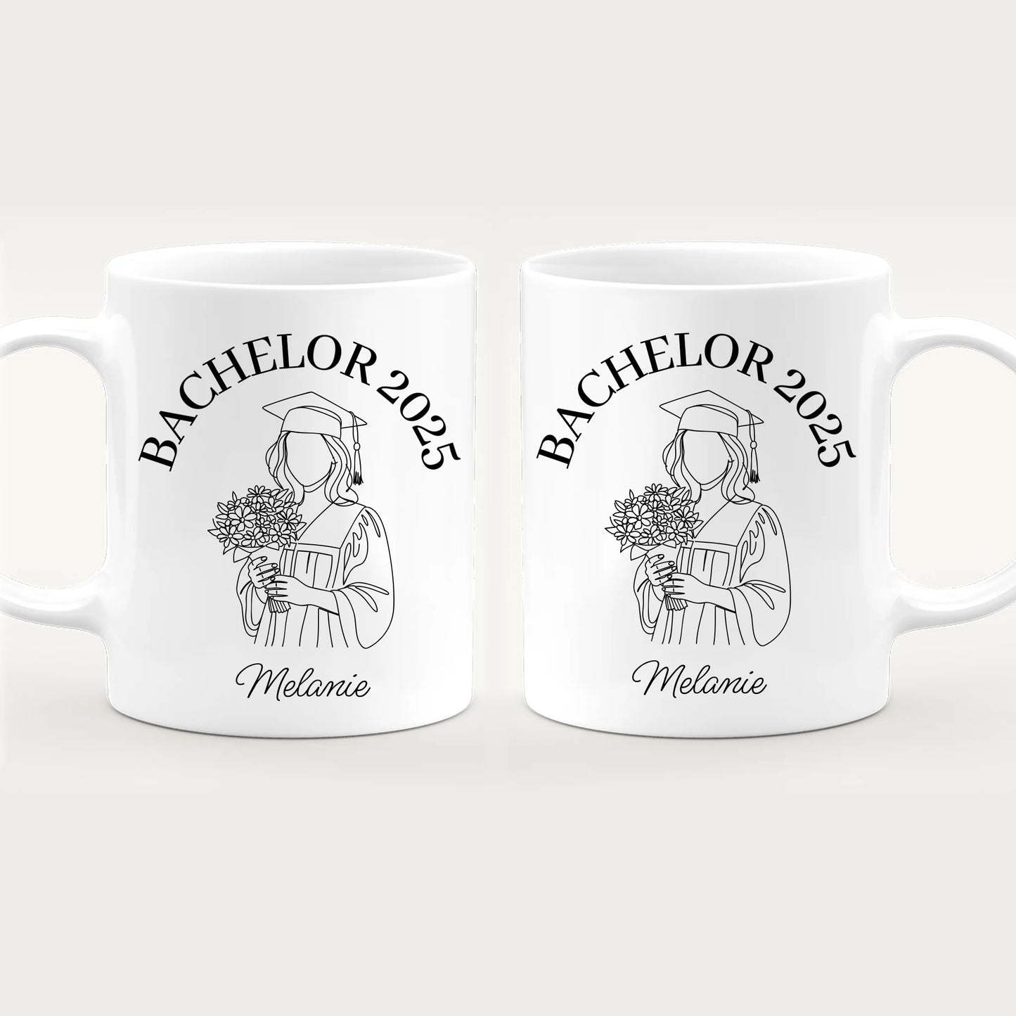 Personalisierte Tasse - Bachelor mit One-Line-Art Zeichnung mit Name und Jahr