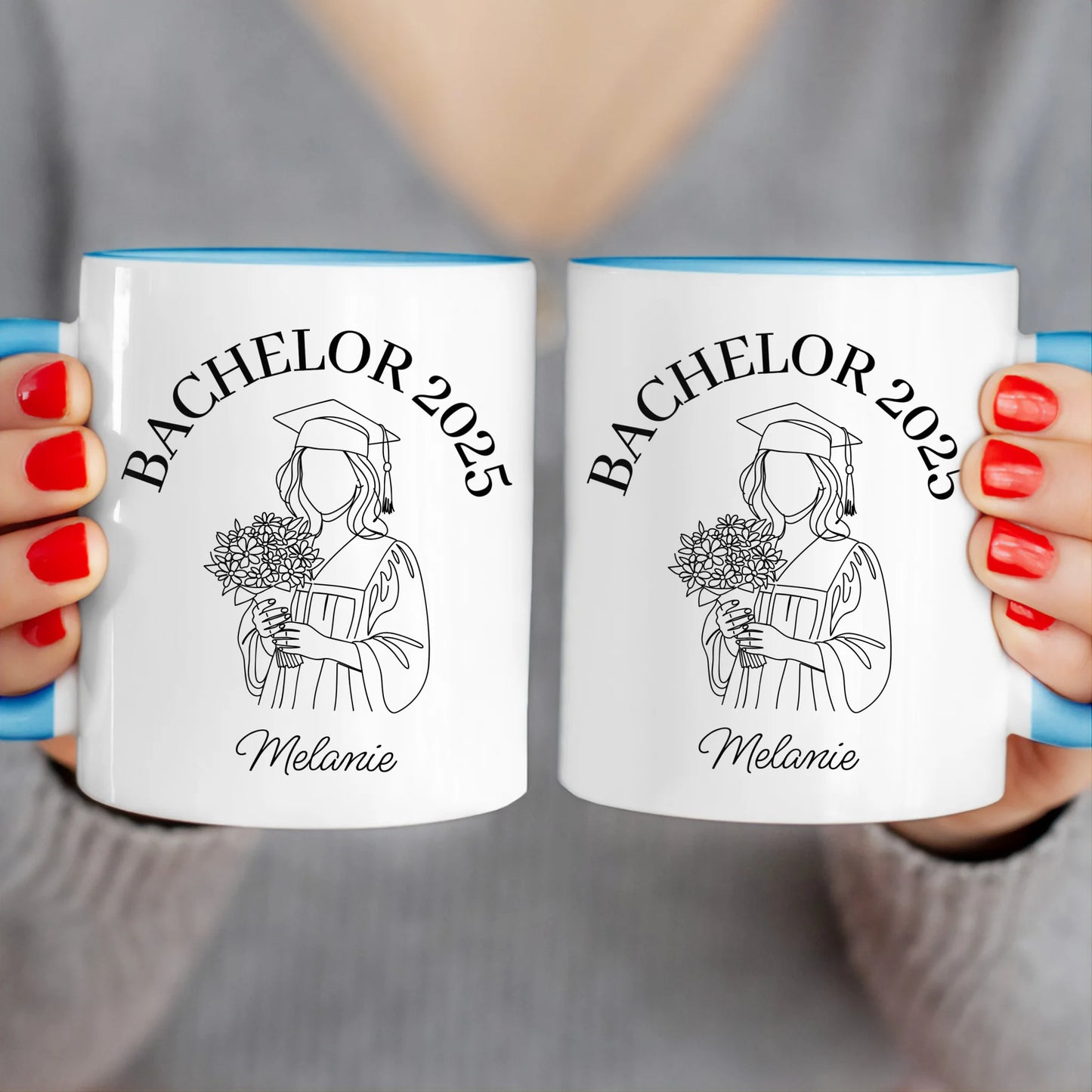 Personalisierte Tasse - Bachelor mit One-Line-Art Zeichnung mit Name und Jahr