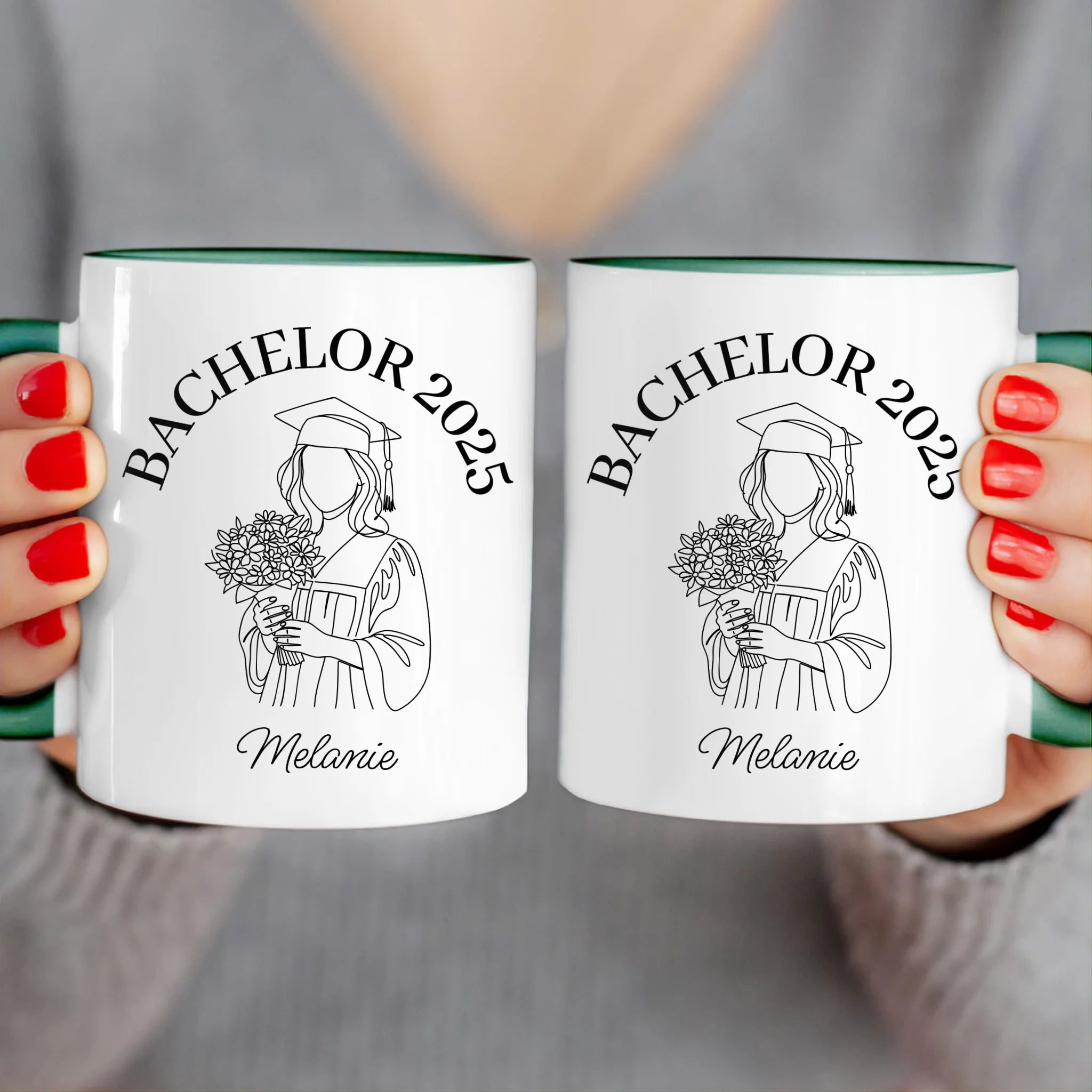 Personalisierte Tasse - Bachelor mit One-Line-Art Zeichnung mit Name und Jahr