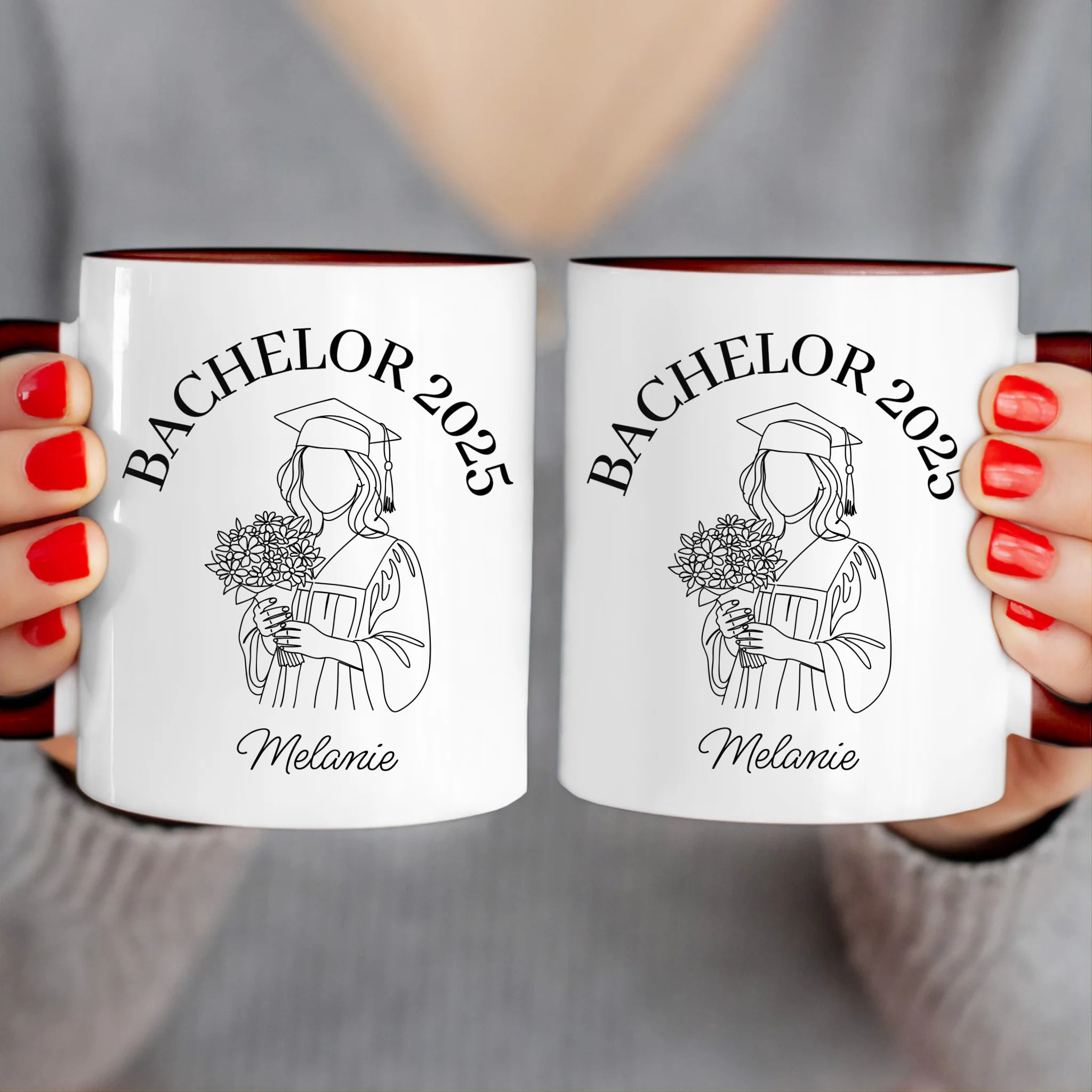 Personalisierte Tasse - Bachelor mit One-Line-Art Zeichnung mit Name und Jahr