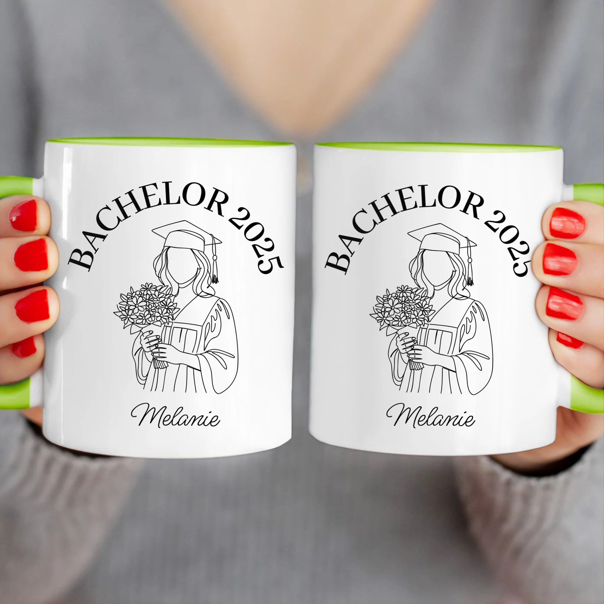Personalisierte Tasse - Bachelor mit One-Line-Art Zeichnung mit Name und Jahr