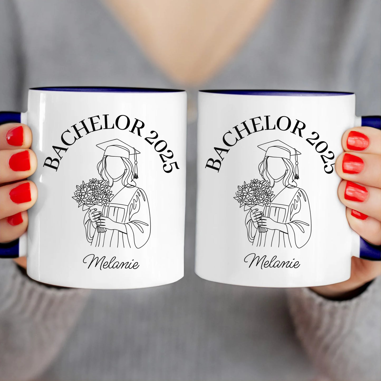 Personalisierte Tasse - Bachelor mit One-Line-Art Zeichnung mit Name und Jahr