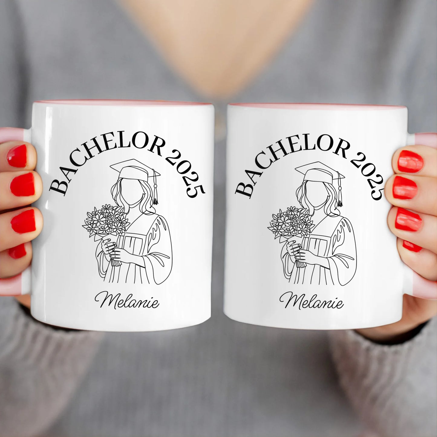 Personalisierte Tasse - Bachelor mit One-Line-Art Zeichnung mit Name und Jahr