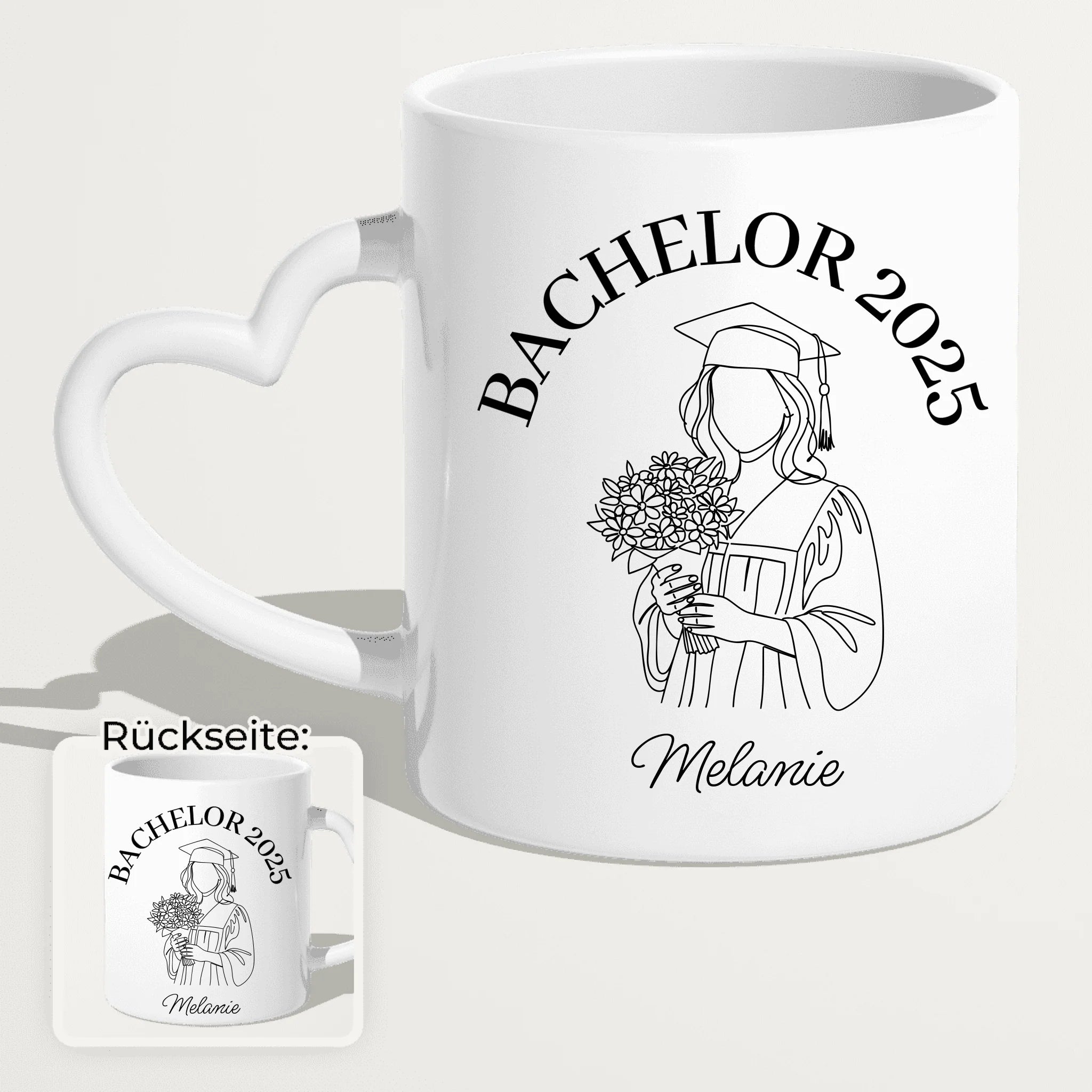 Personalisierte Tasse - Bachelor mit One-Line-Art Zeichnung mit Name und Jahr
