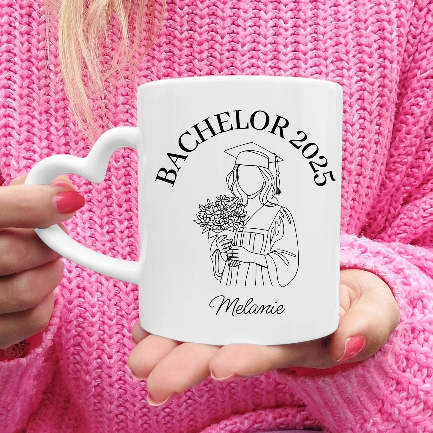 Personalisierte Tasse - Bachelor mit One-Line-Art Zeichnung mit Name und Jahr
