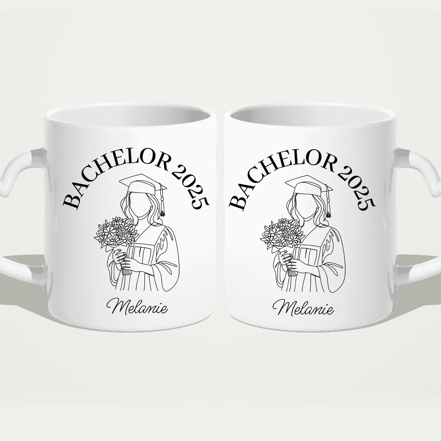 Personalisierte Tasse - Bachelor mit One-Line-Art Zeichnung mit Name und Jahr