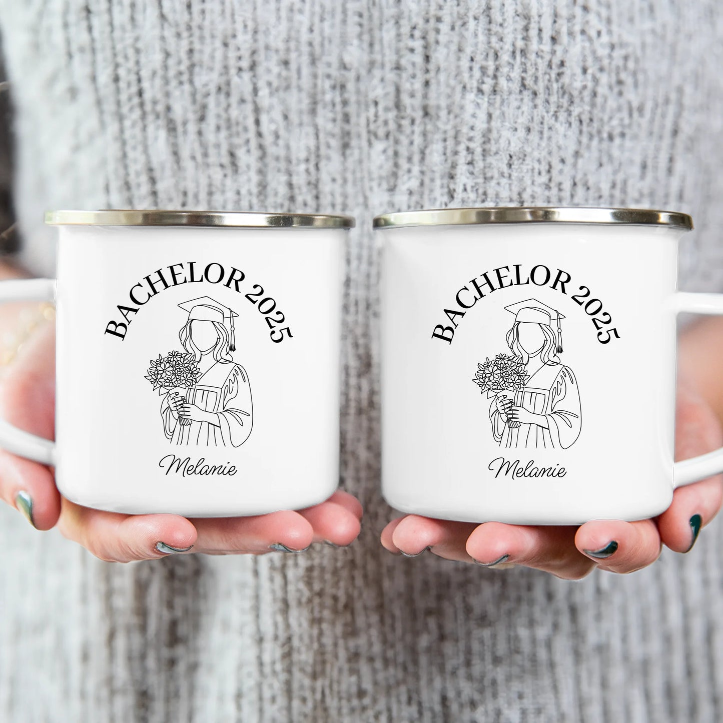 Personalisierte Tasse - Bachelor mit One-Line-Art Zeichnung mit Name und Jahr