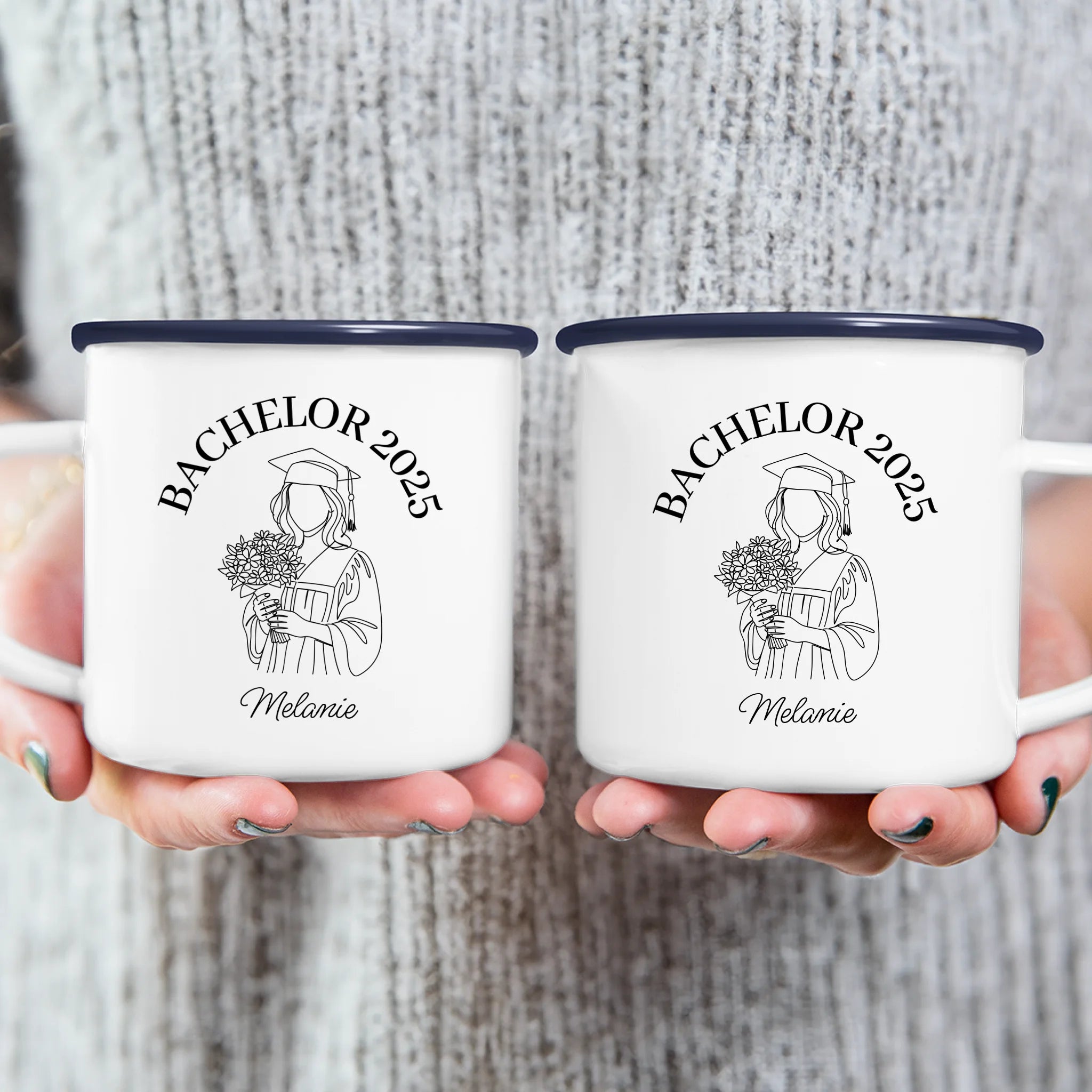Personalisierte Tasse - Bachelor mit One-Line-Art Zeichnung mit Name und Jahr