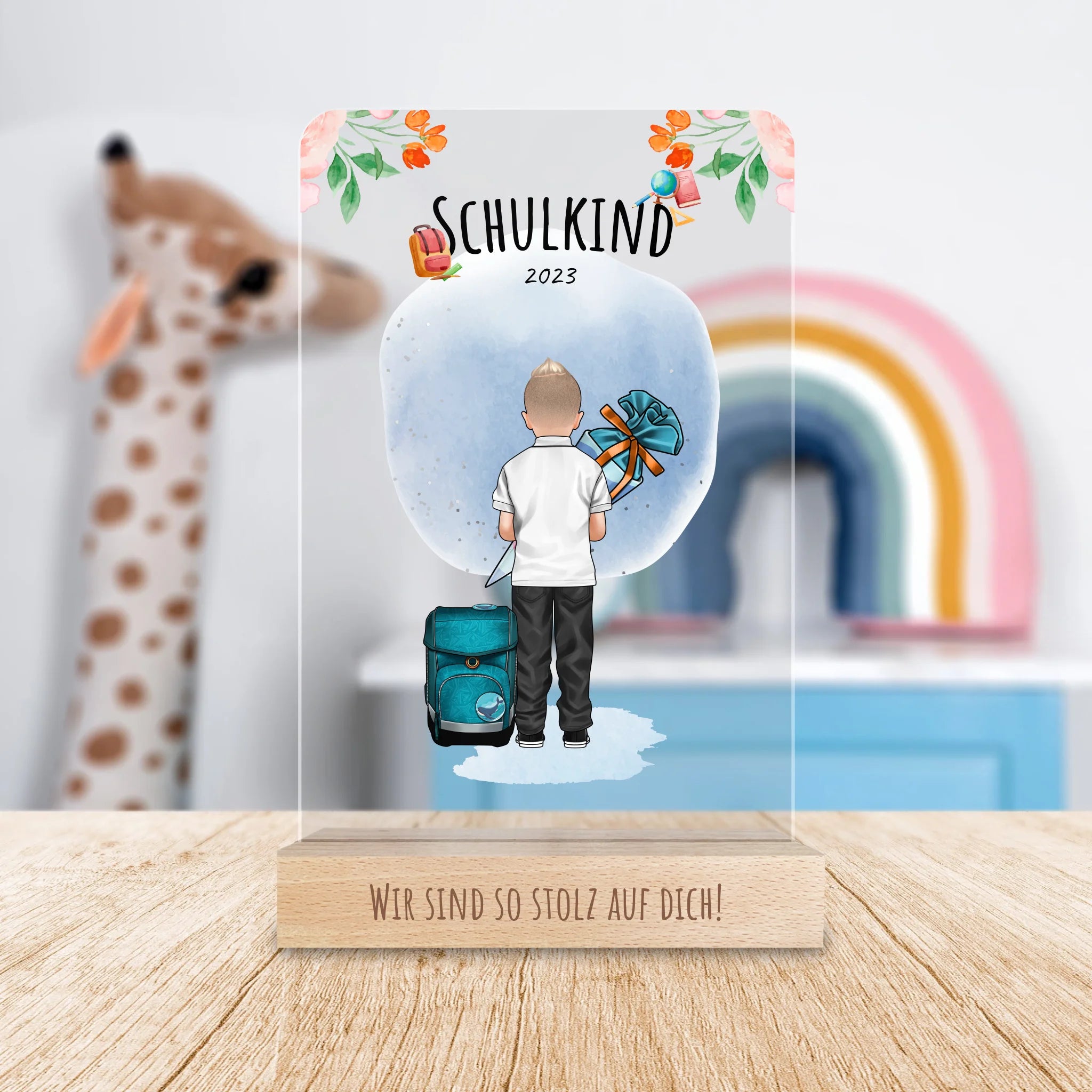Personalisierte Acrylglasplatte - Geschenk zur Einschulung (1 Junge)
