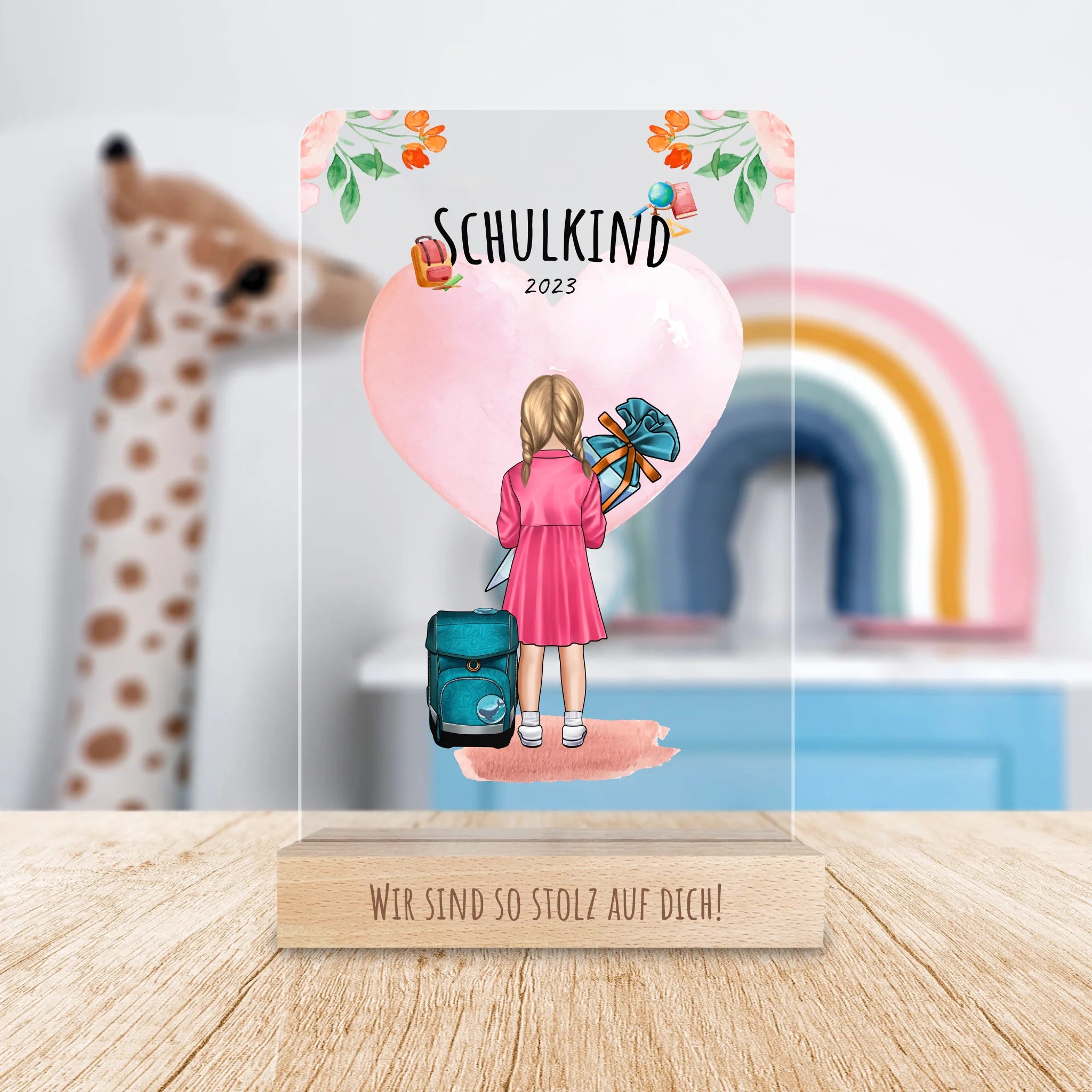 Personalisierte Acrylglasplatte - Geschenk zur Einschulung (1 Mädchen)
