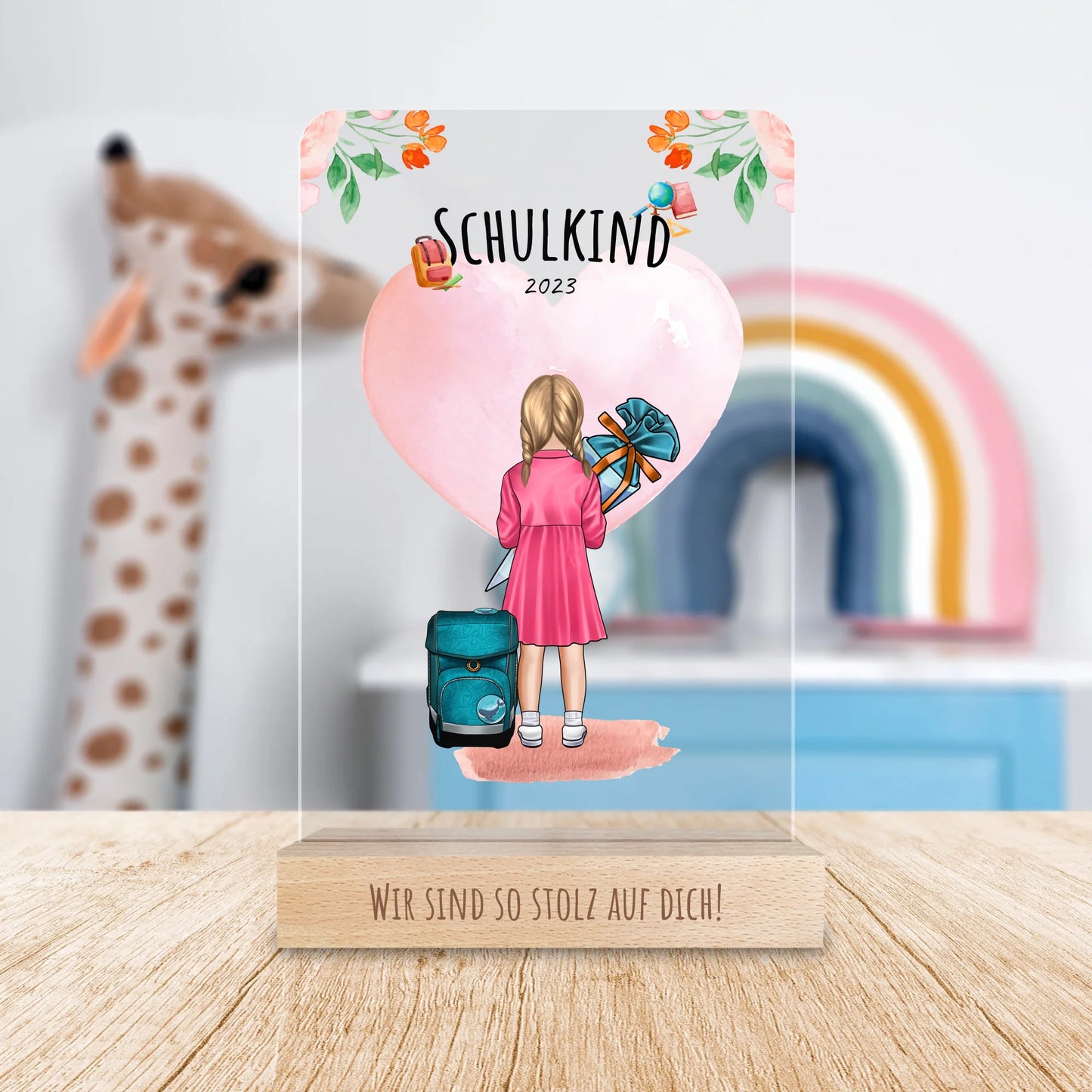 Personalisierte Acrylglasplatte - Geschenk zur Einschulung (1 Mädchen)