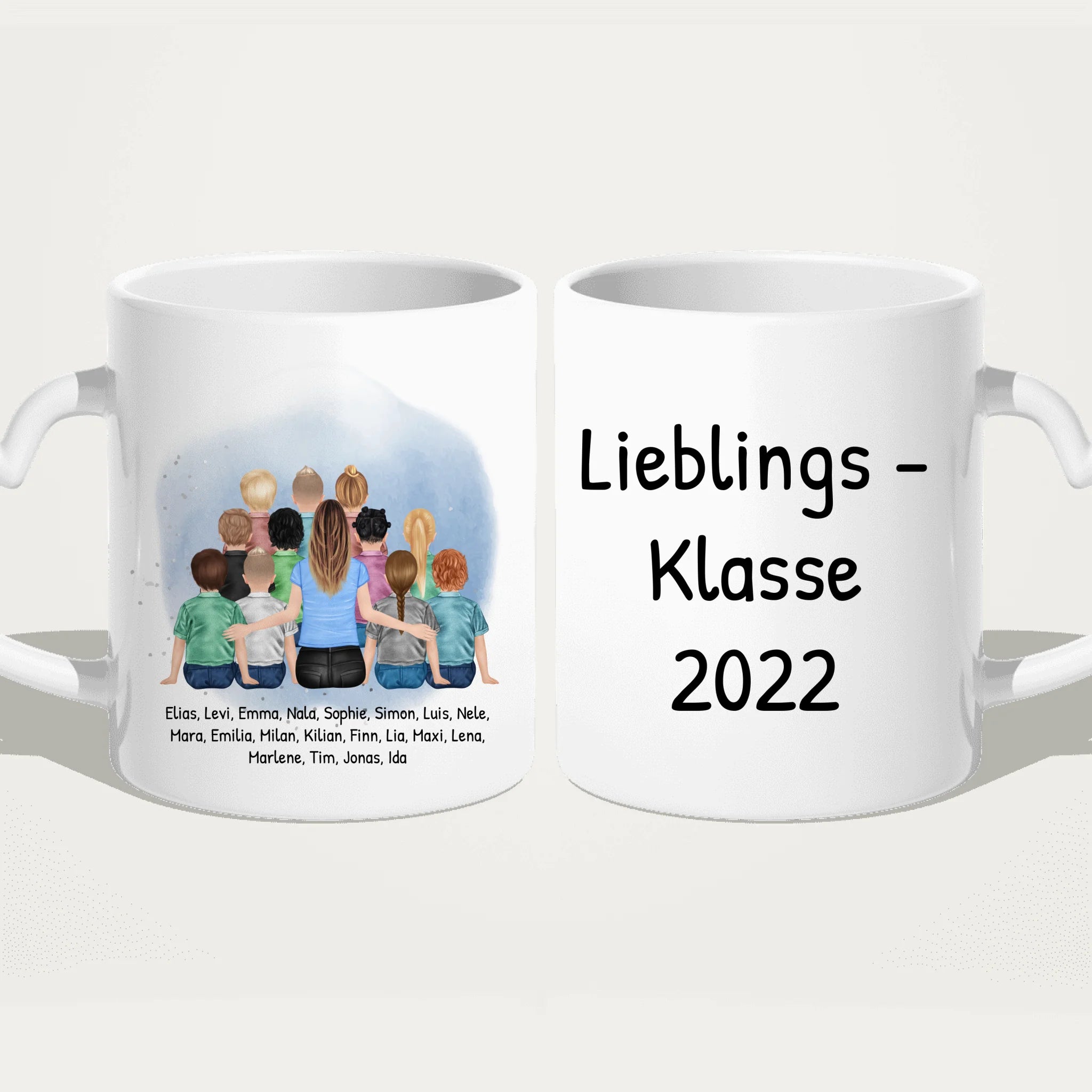 Personalisierte Tasse mit Lehrer/Lehrerin und Schulklasse (11-26 Schüler/Kinder)