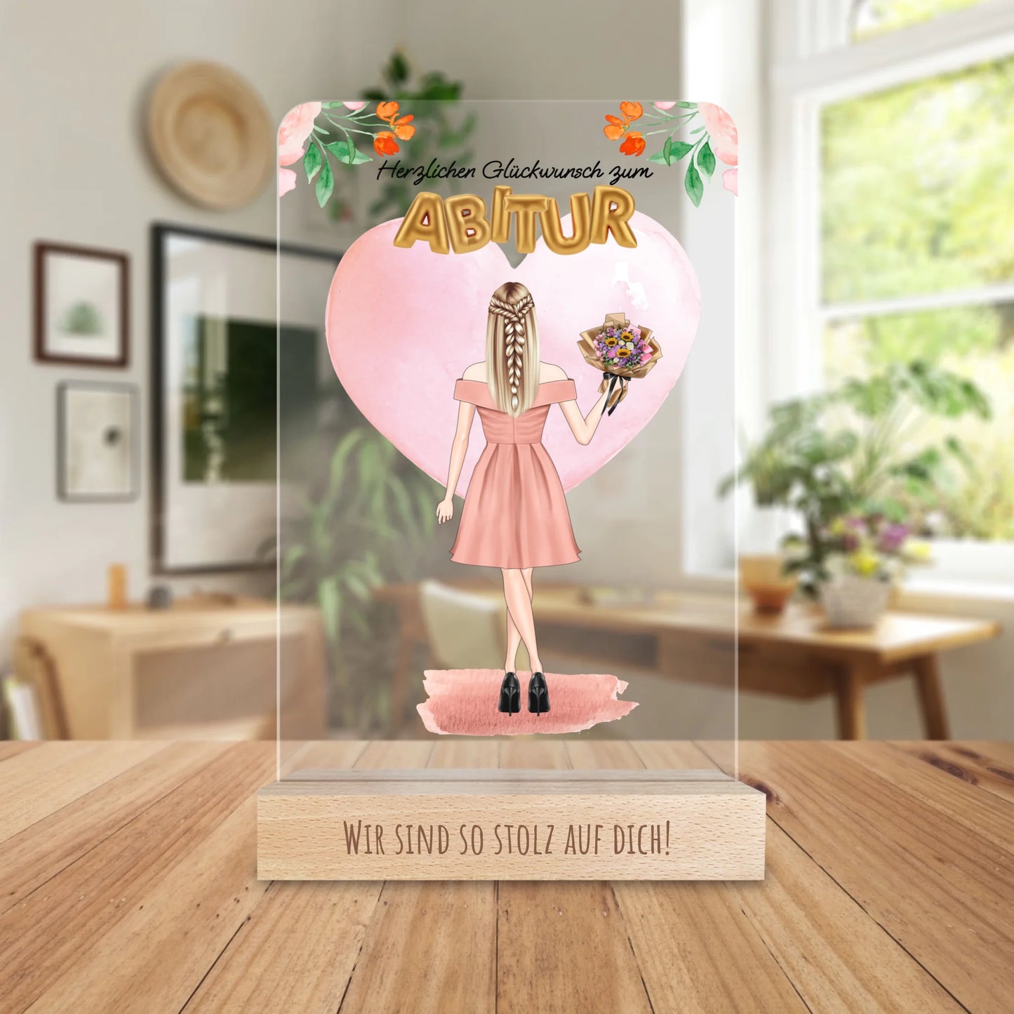 Personalisierte Acrylglasplatte - Abitur Abschlussgeschenk / Abi Geschenk (1 Frau)