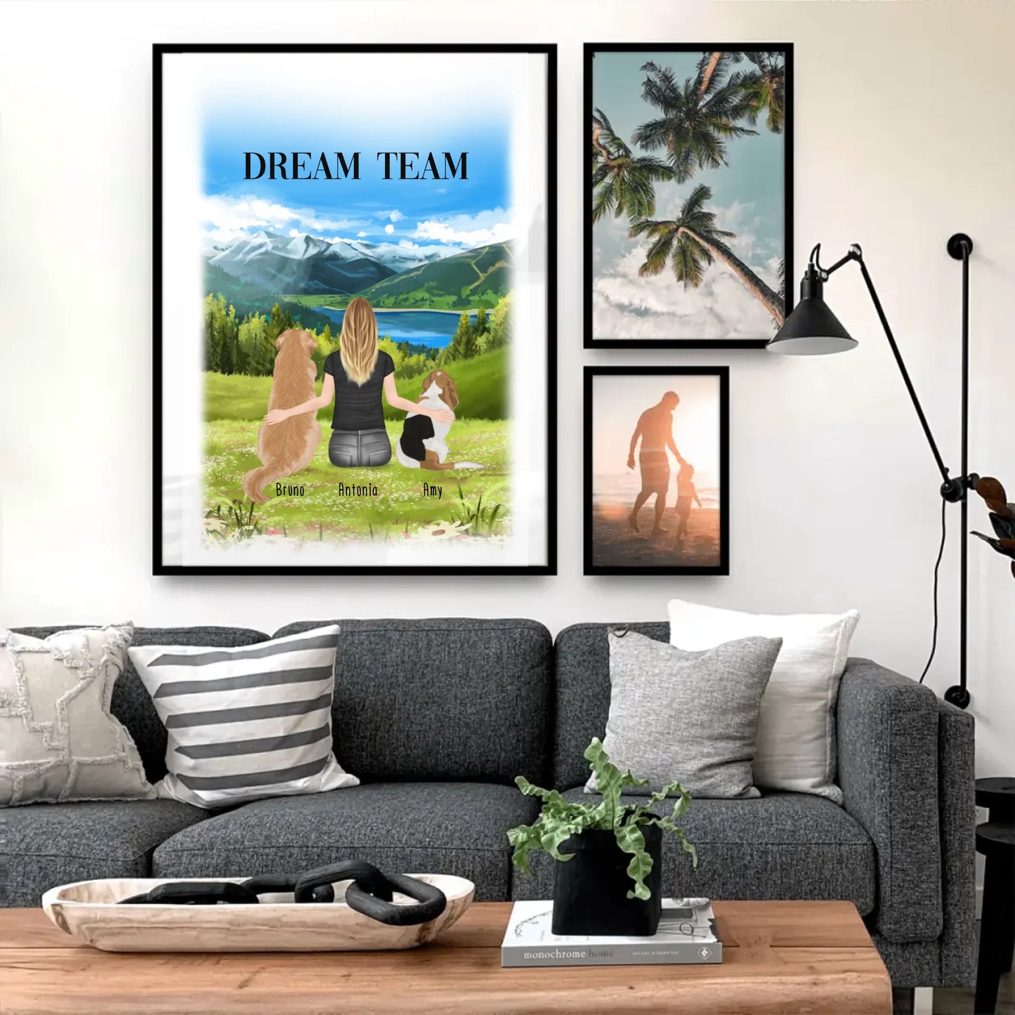 Personalisiertes Poster mit Hund und Frau (2 Hunde + 1 Frau)