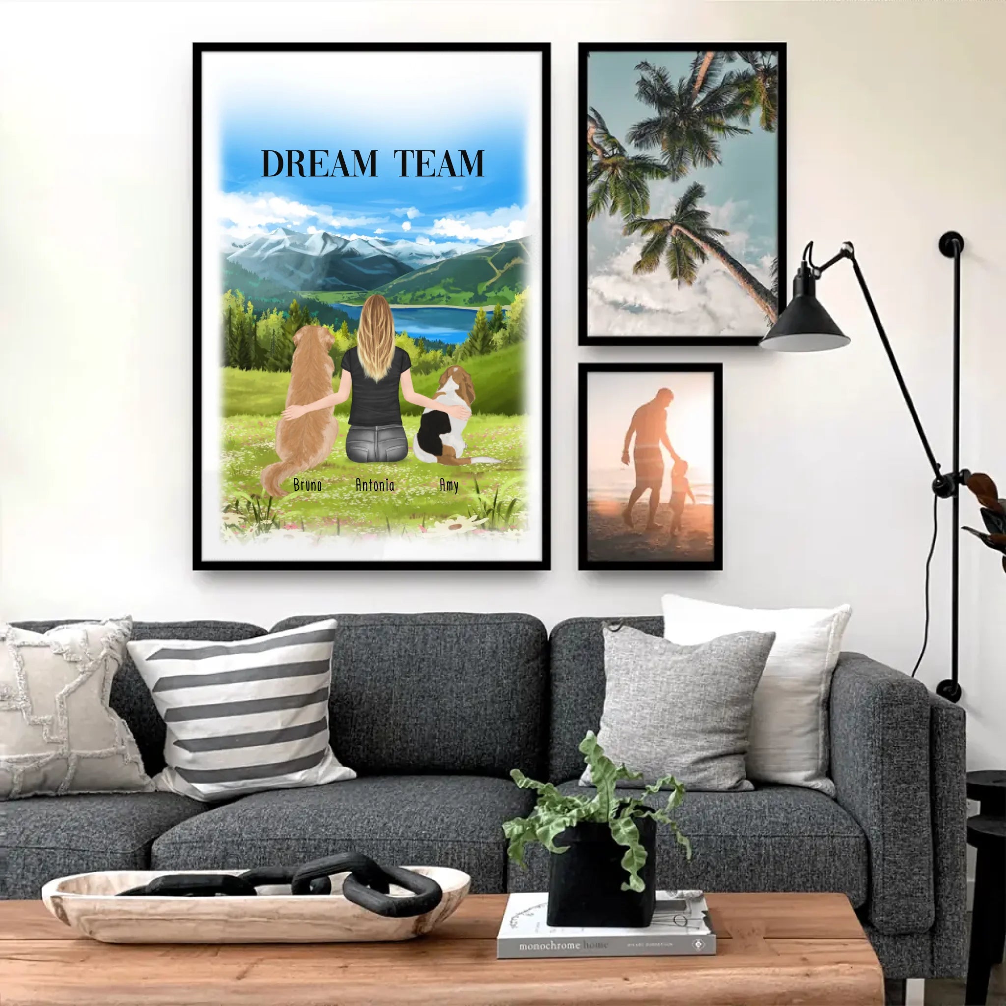 Personalisiertes Poster mit Hund und Frau (2 Hunde + 1 Frau)