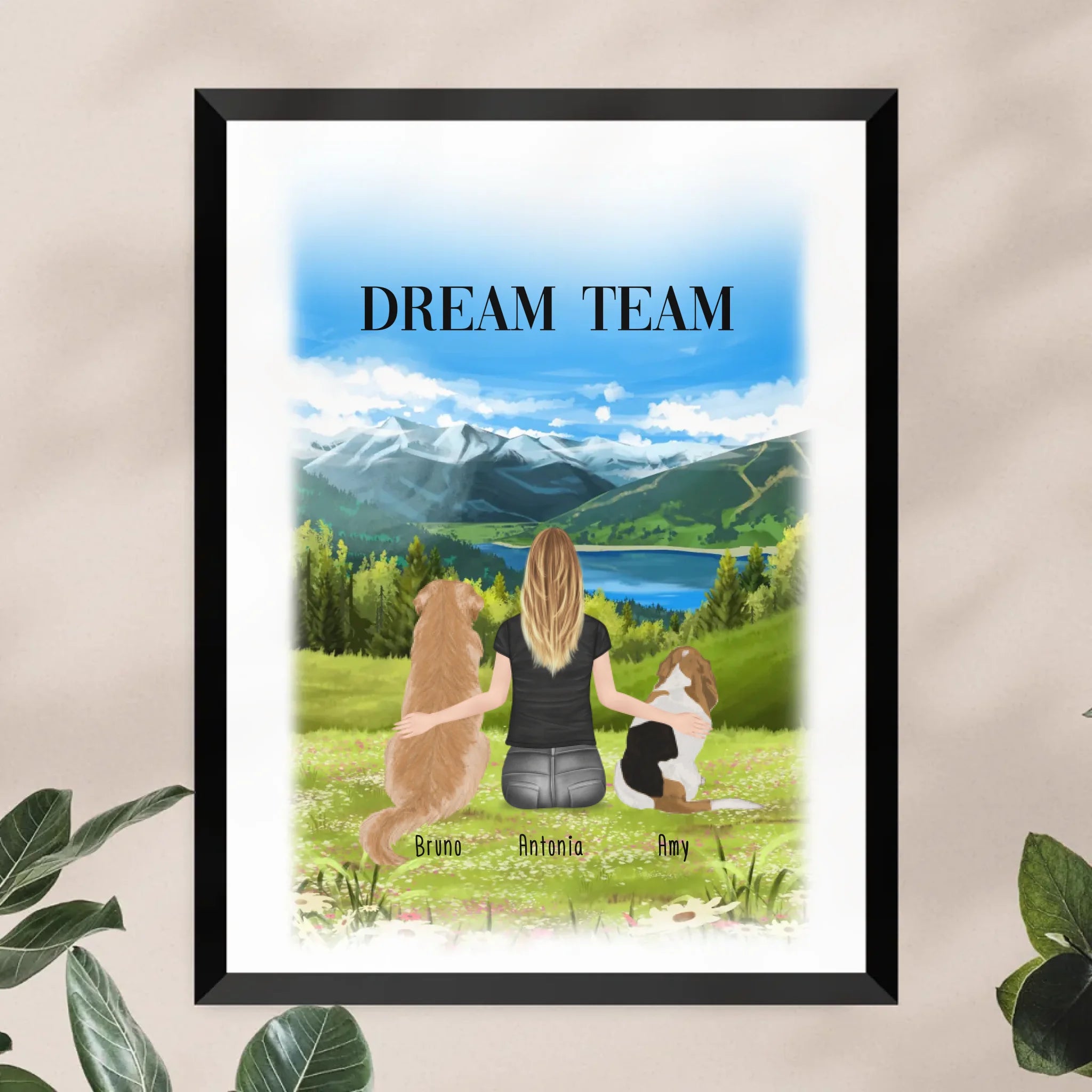 Personalisiertes Poster mit Hund und Frau (2 Hunde + 1 Frau)