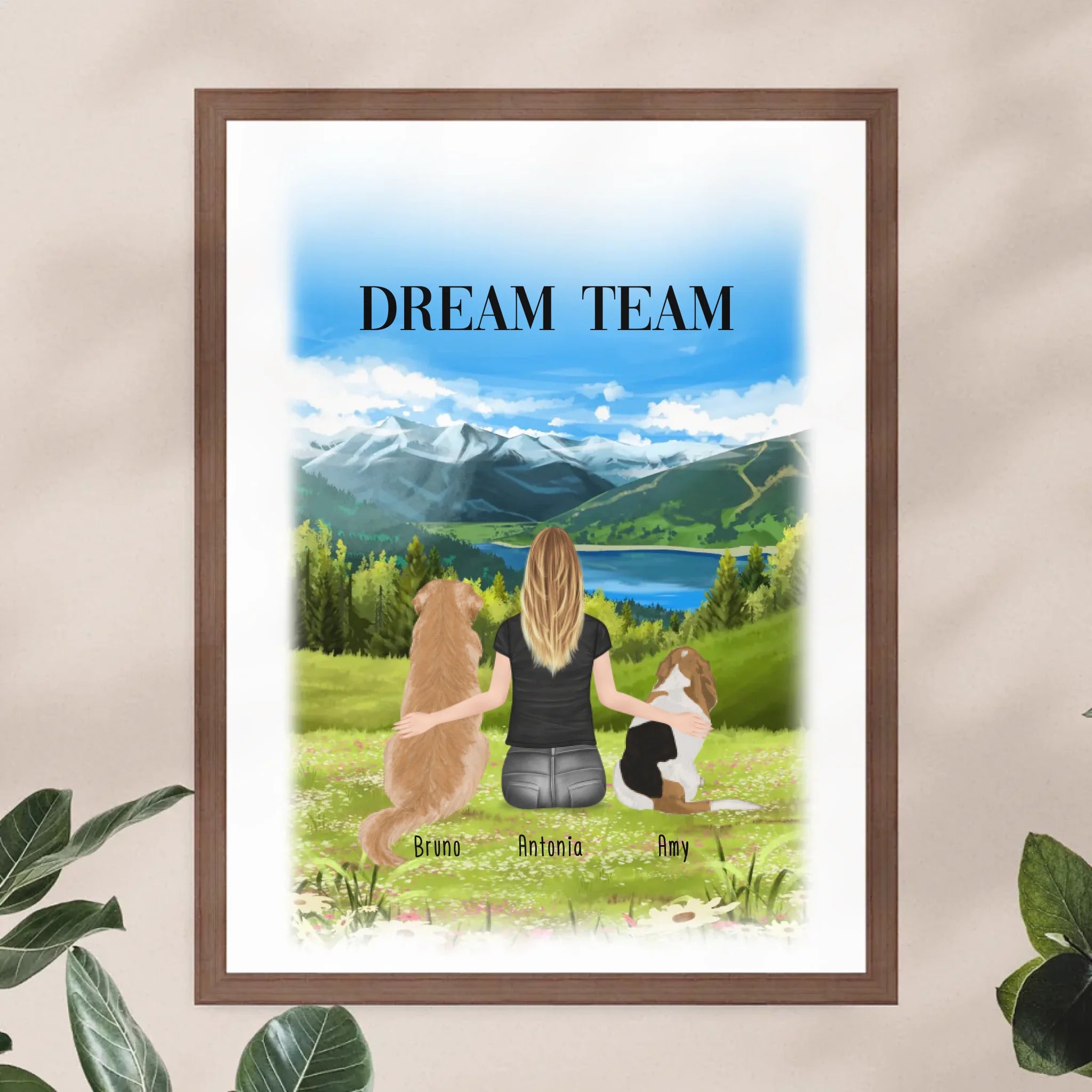 Personalisiertes Poster mit Hund und Frau (2 Hunde + 1 Frau)