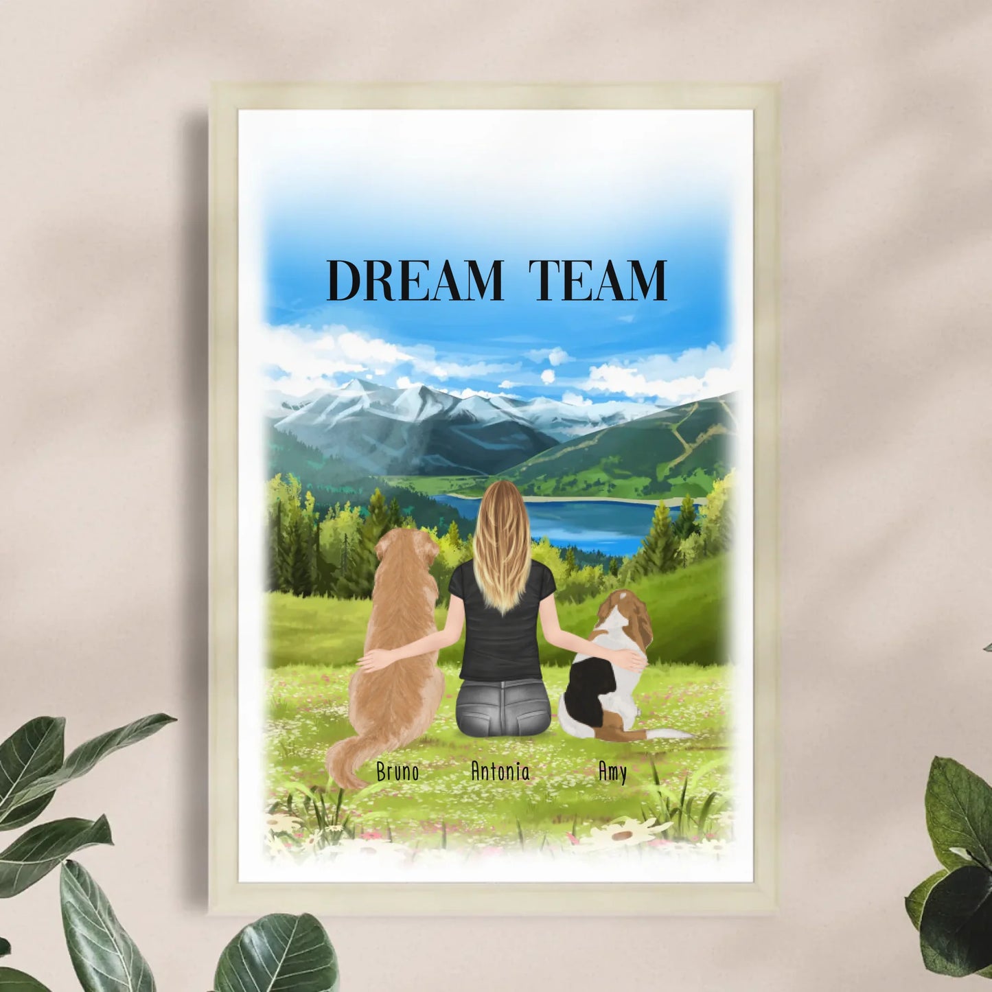 Personalisiertes Poster mit Hund und Frau (2 Hunde + 1 Frau)