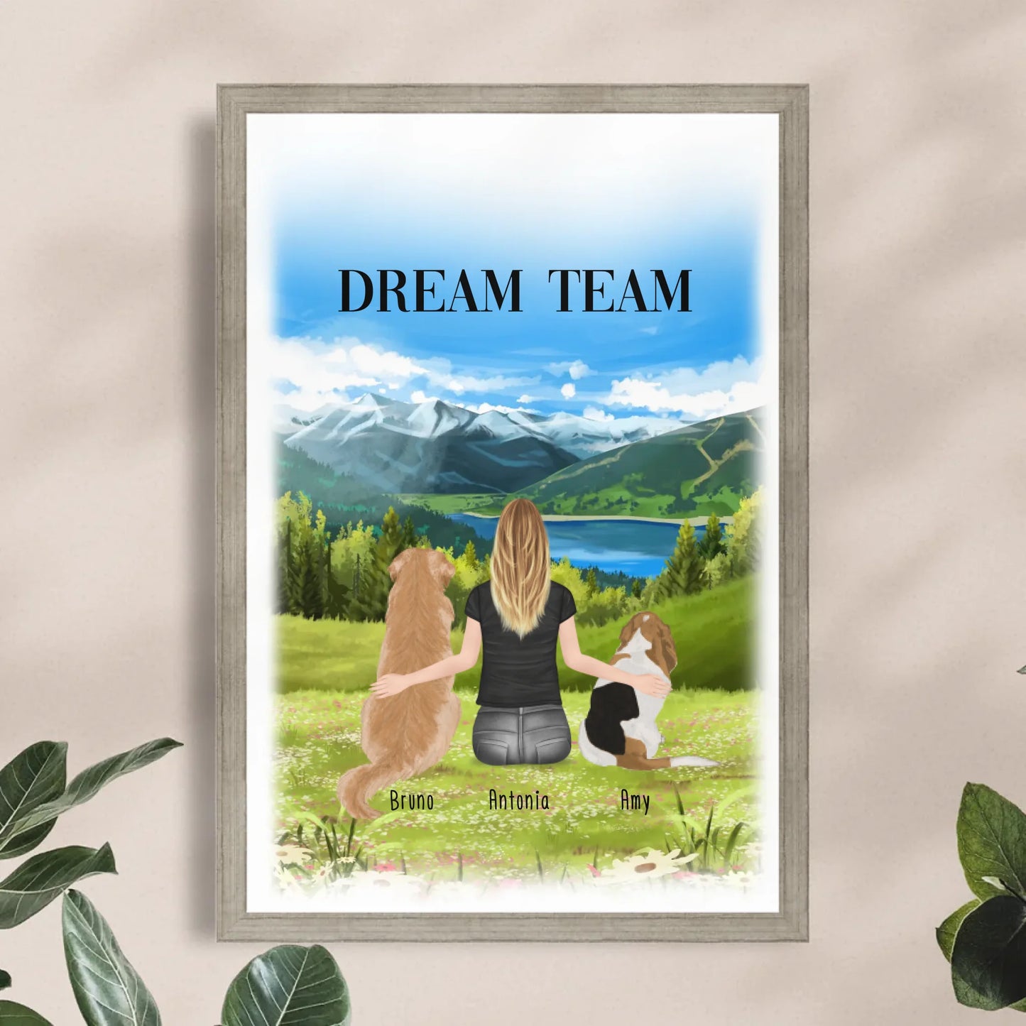 Personalisiertes Poster mit Hund und Frau (2 Hunde + 1 Frau)