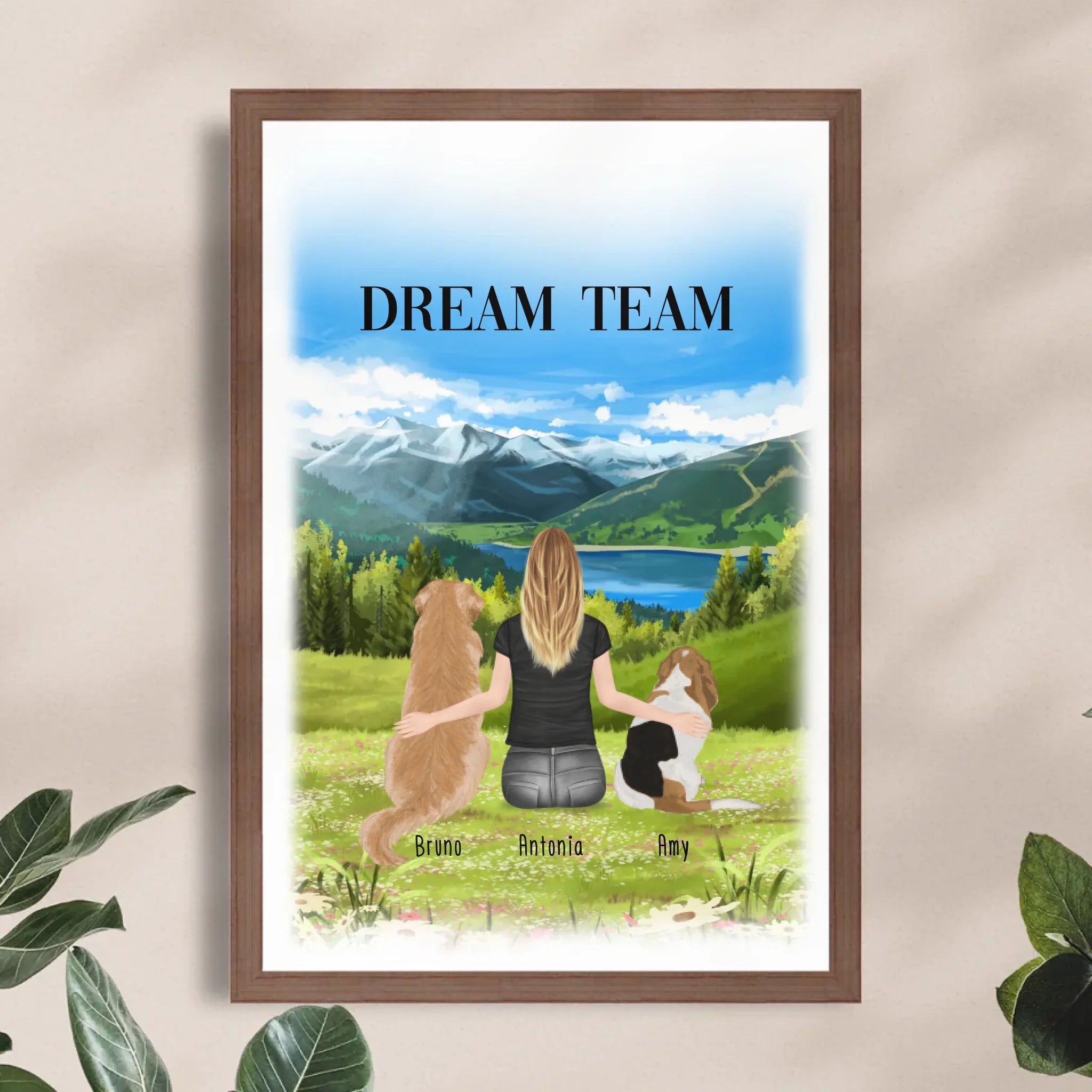 Personalisiertes Poster mit Hund und Frau (2 Hunde + 1 Frau)