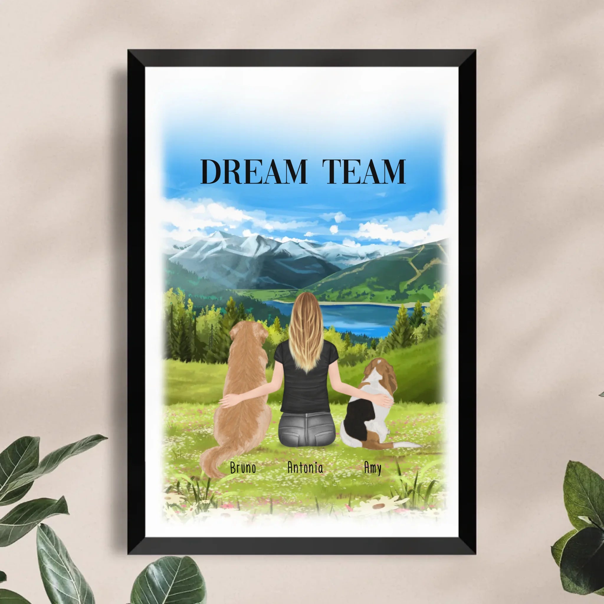 Personalisiertes Poster mit Hund und Frau (2 Hunde + 1 Frau)