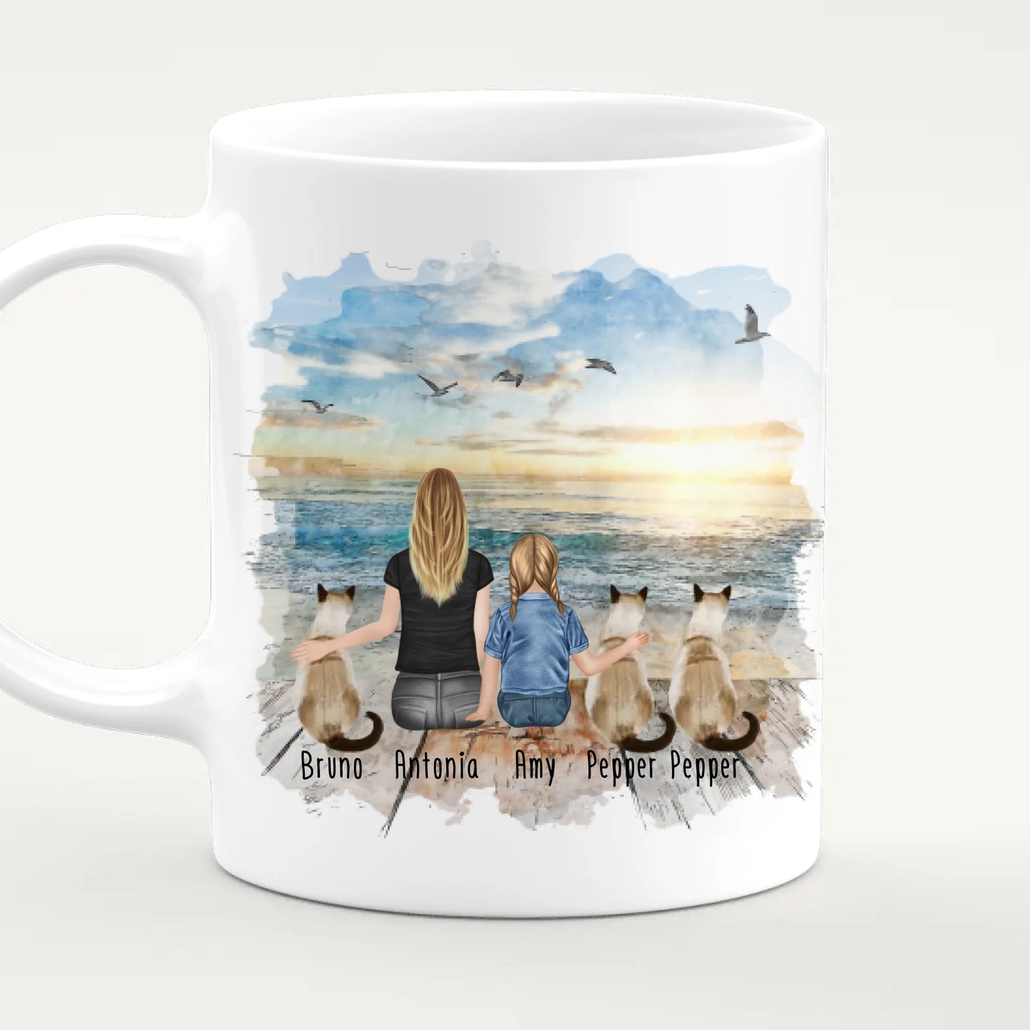 Tasse Mama mit 1 Kind + 3 Katzen