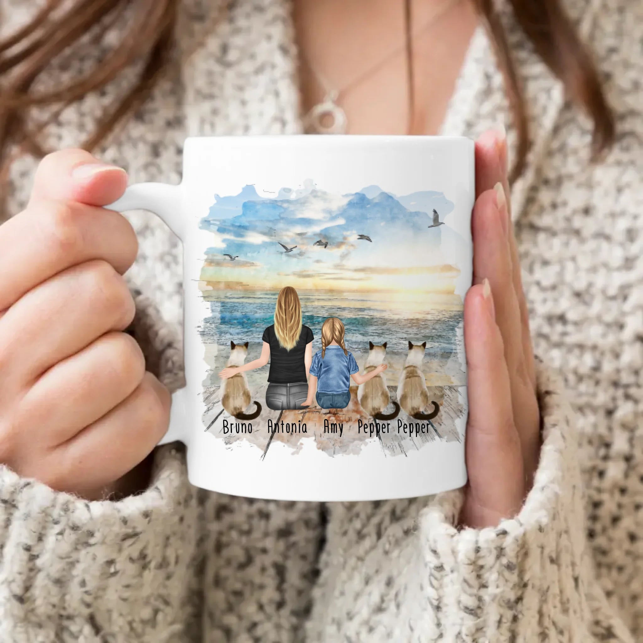 Tasse Mama mit 1 Kind + 3 Katzen