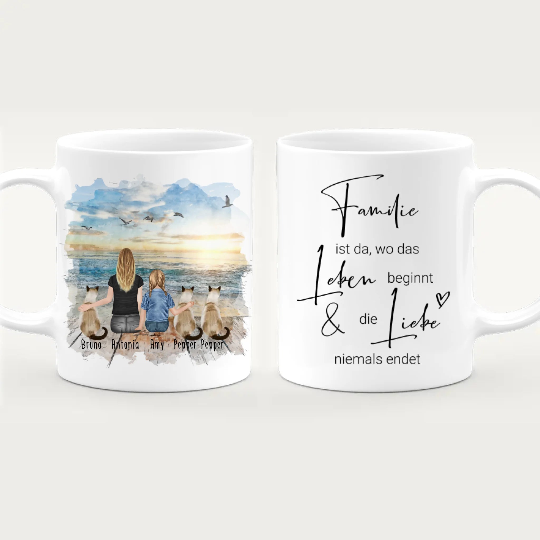Tasse Mama mit 1 Kind + 3 Katzen