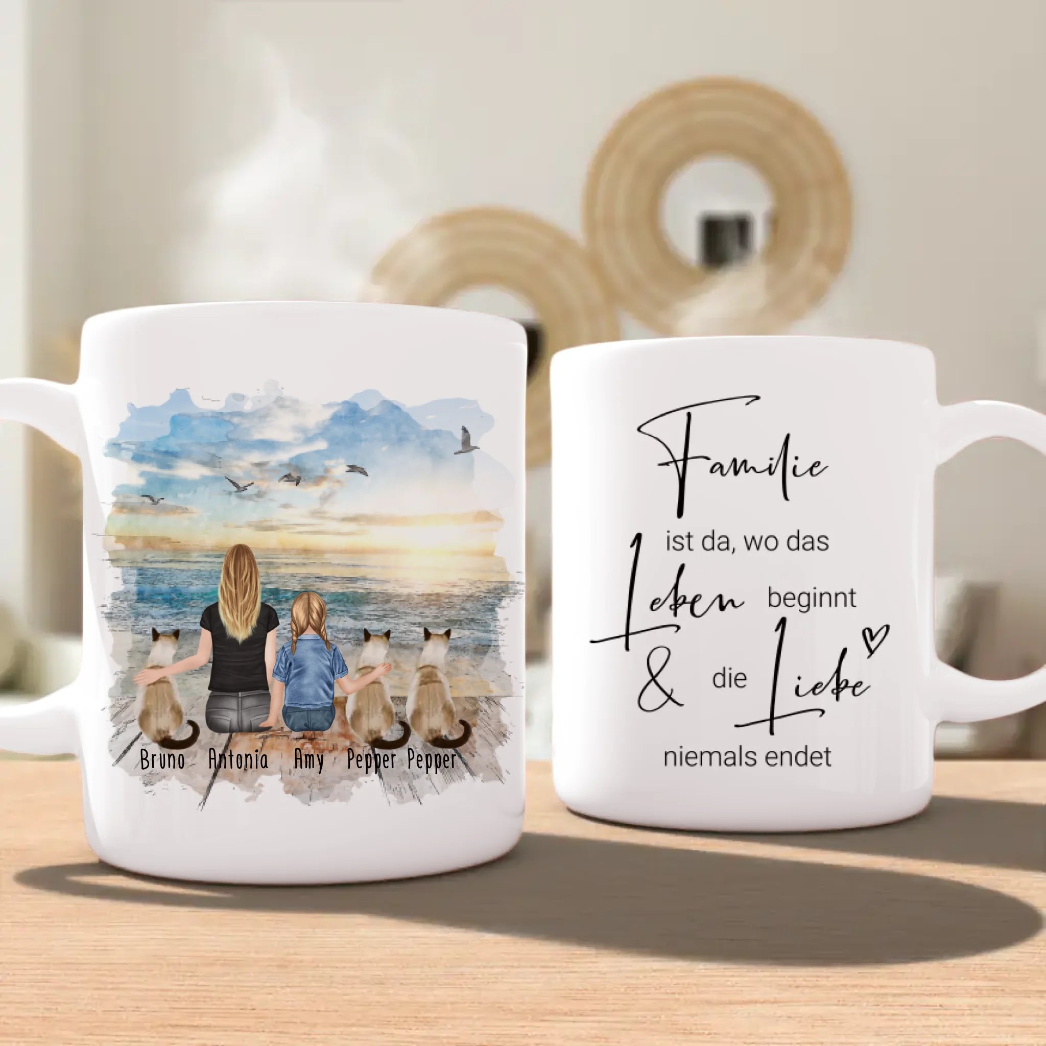 Tasse Mama mit 1 Kind + 3 Katzen