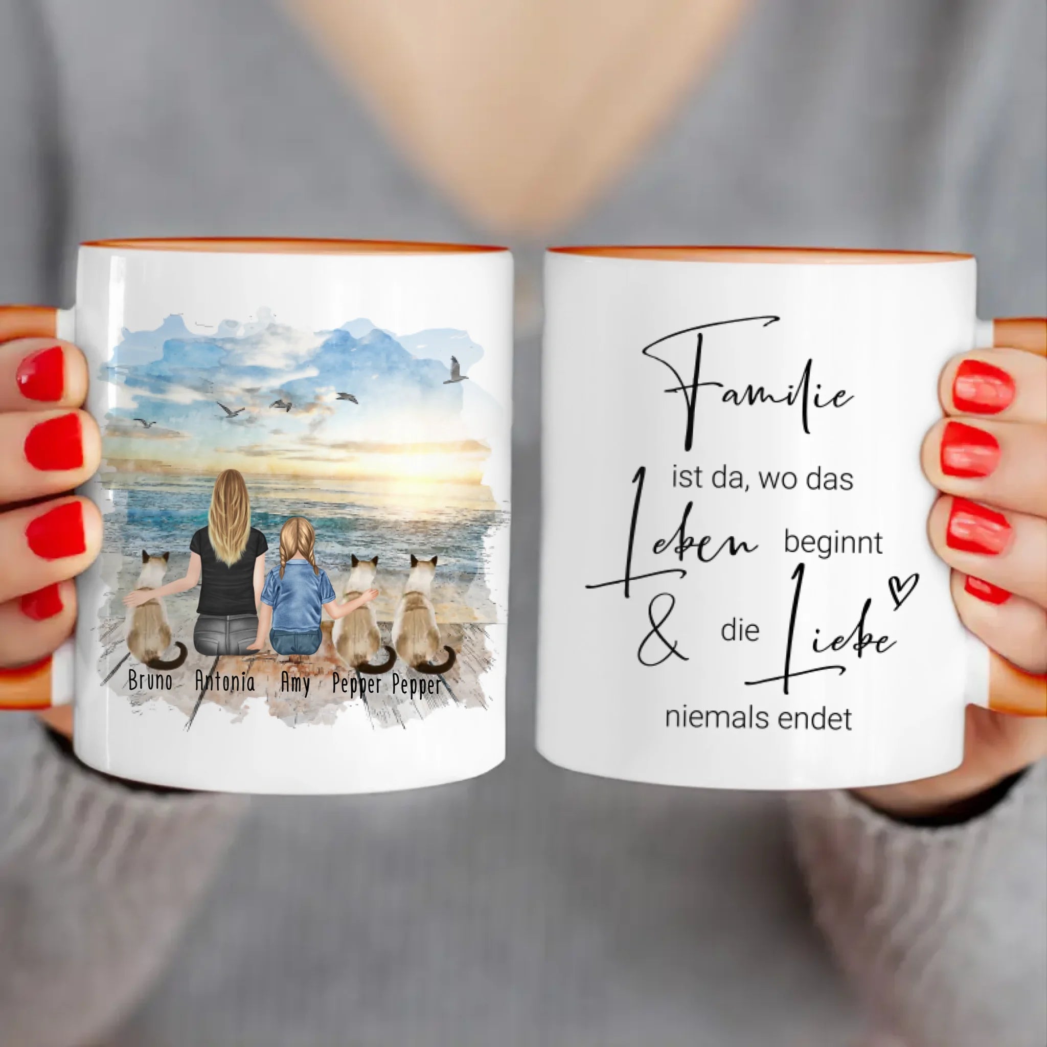 Tasse Mama mit 1 Kind + 3 Katzen