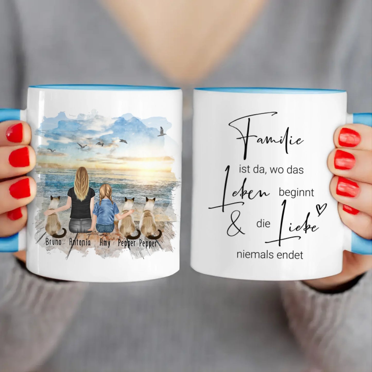 Tasse Mama mit 1 Kind + 3 Katzen