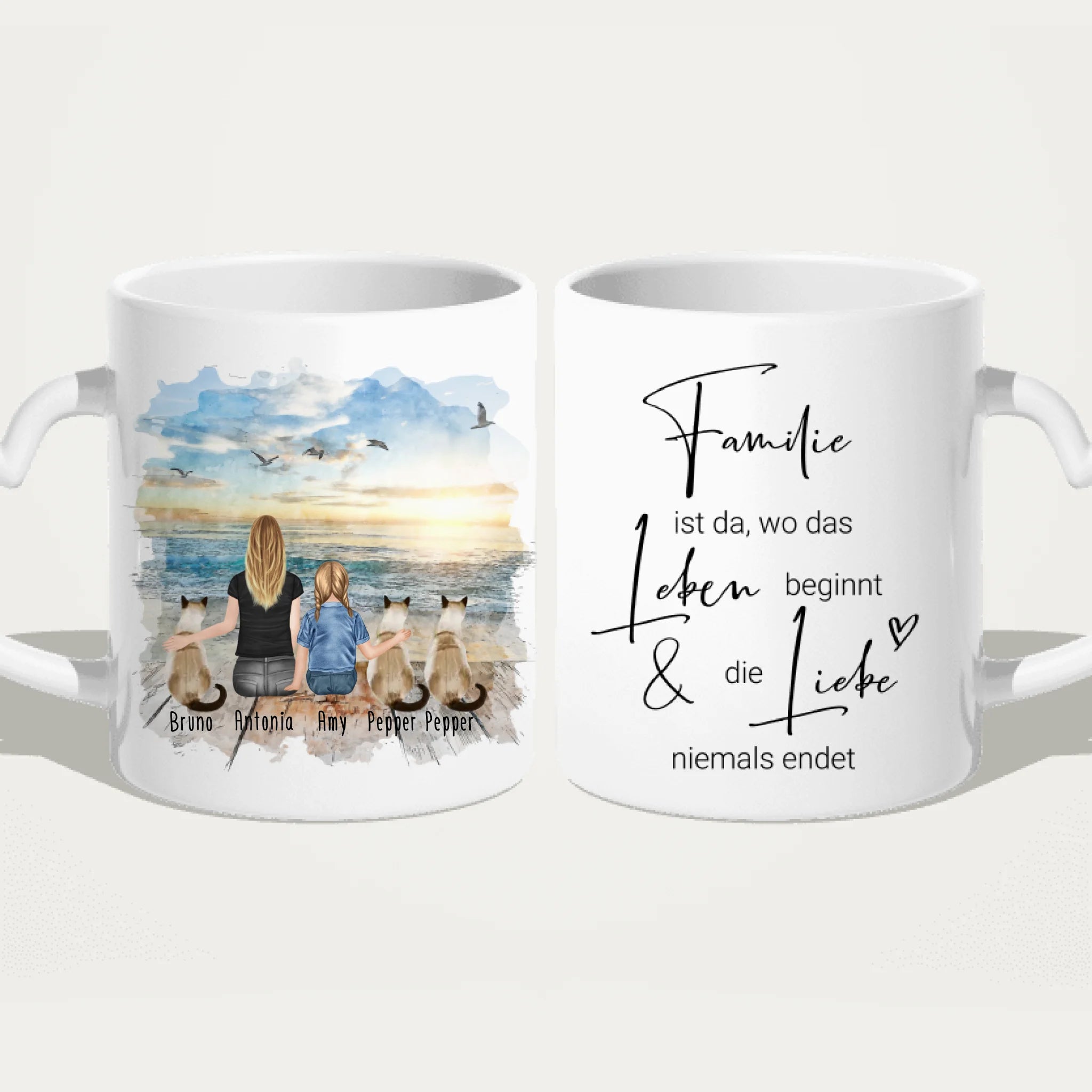 Tasse Mama mit 1 Kind + 3 Katzen