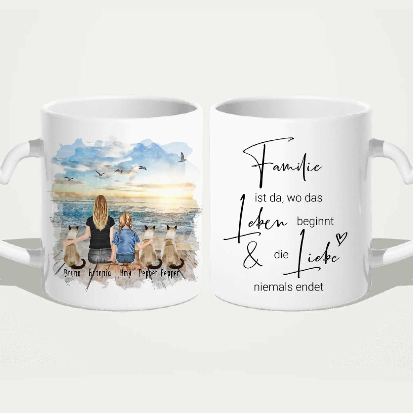 Tasse Mama mit 1 Kind + 3 Katzen