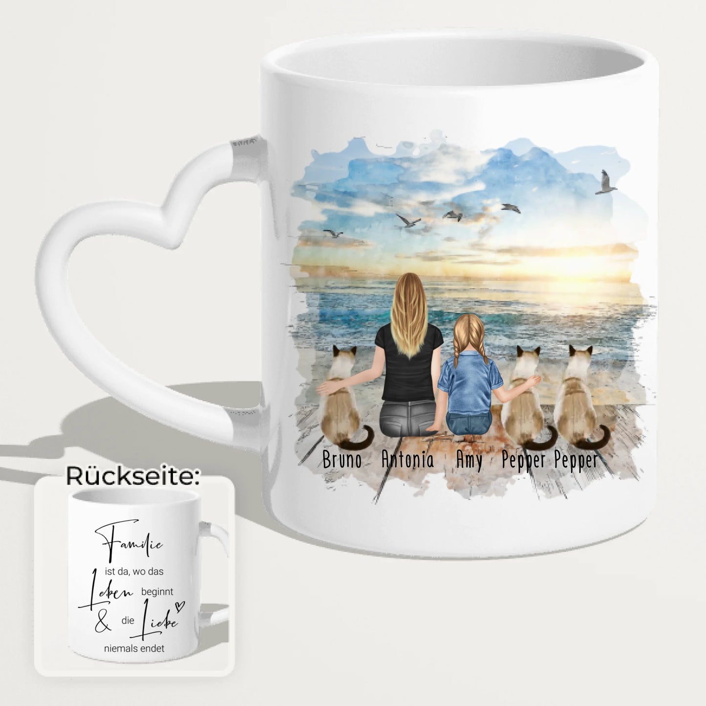 Tasse Mama mit 1 Kind + 3 Katzen