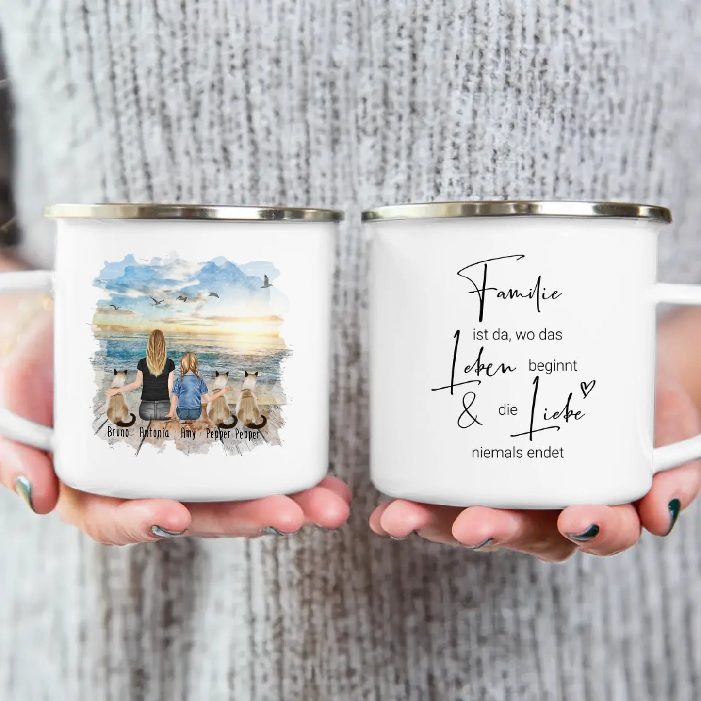 Tasse Mama mit 1 Kind + 3 Katzen