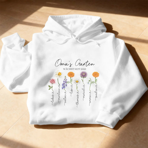 Personalisierter Hoodie - Omas Garten mit 1-8 Blumen/Namen