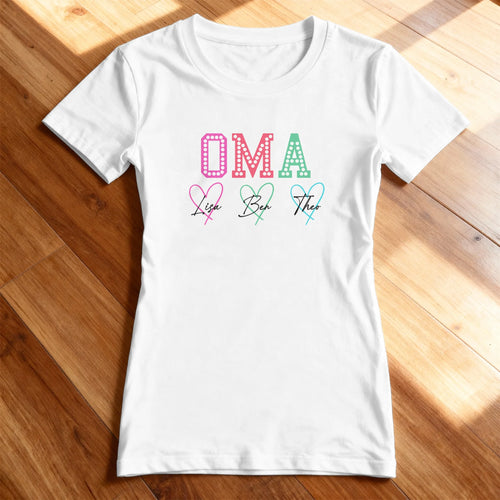 Personalisiertes T-Shirt - Oma Schriftzug mit 1-9 Kindernamen
