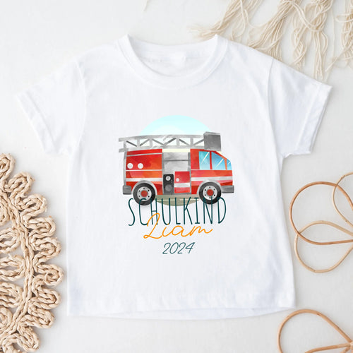 Personalisiertes Kinder T-Shirt - Schulkind mit Name, Jahr & Feuerwehrauto