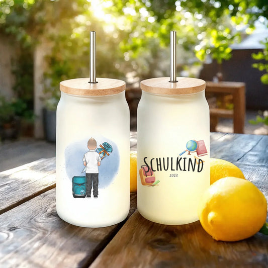 Personalisiertes Trinkglas mit Strohhalm - Geschenk zur Einschulung (1 Junge)