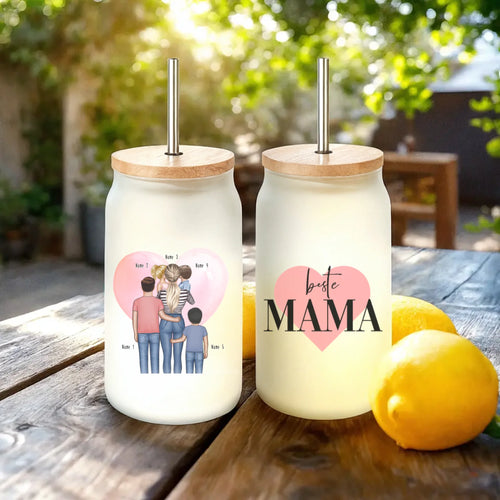 Personalisiertes Trinkglas mit Strohhalm - Mama mit 1-4 Kindern