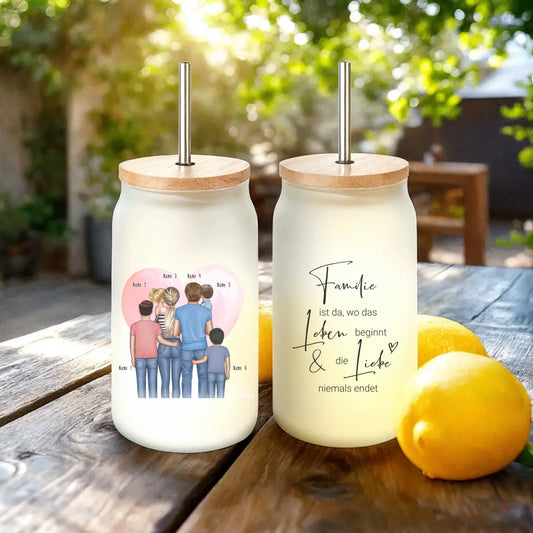 Personalisiertes Trinkglas mit Strohhalm - Familie mit 1-4 Kindern