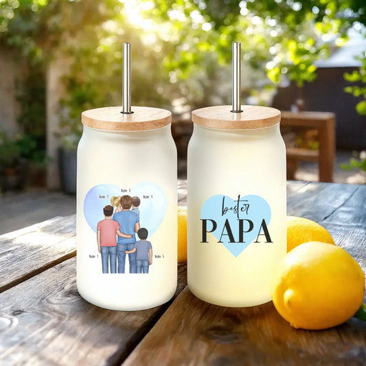Personalisiertes Trinkglas mit Strohhalm - Papa mit 1-4 Kindern