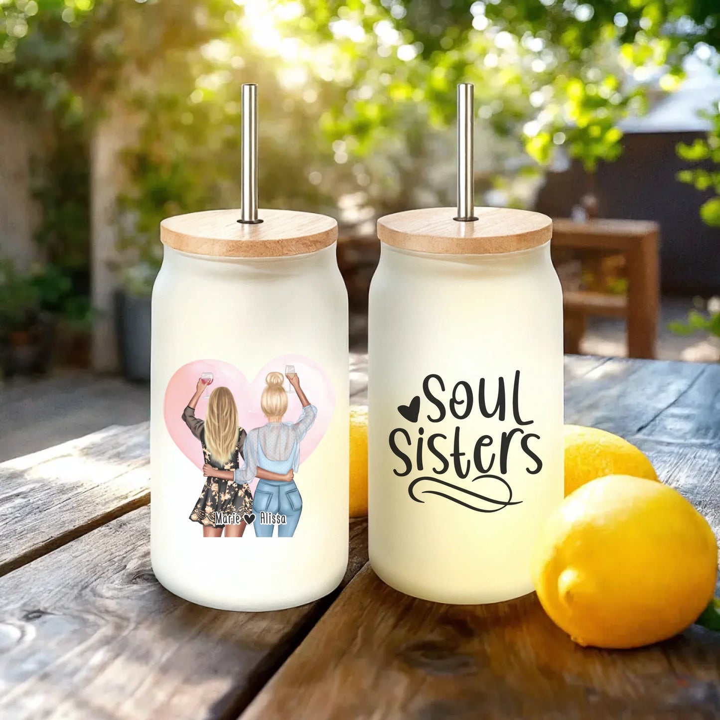 Personalisiertes Trinkglas mit Strohhalm - Beste Freundin (2 Freundinnen)