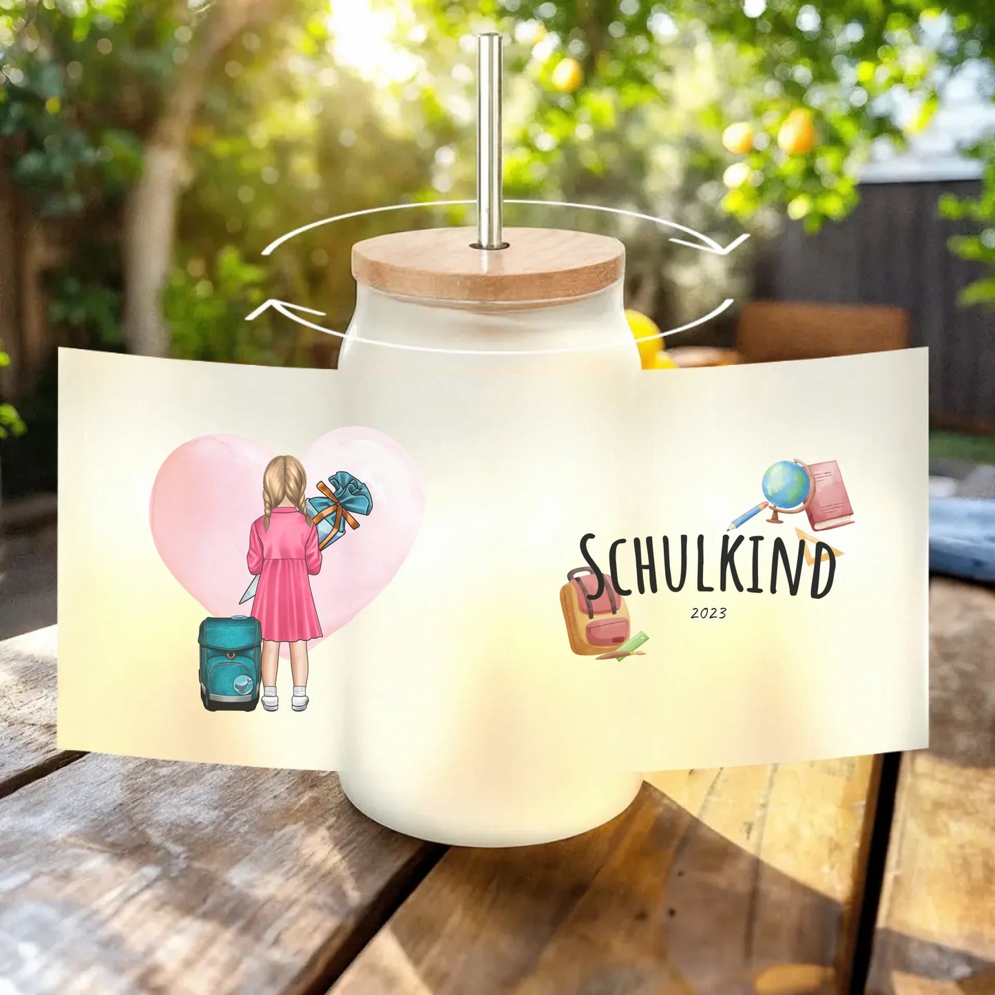 Personalisiertes Trinkglas mit Strohhalm - Geschenk zur Einschulung (1 Mädchen)