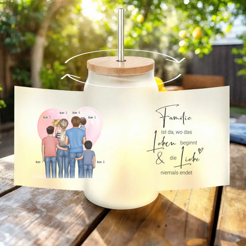Personalisiertes Trinkglas mit Strohhalm - Familie mit 1-4 Kindern