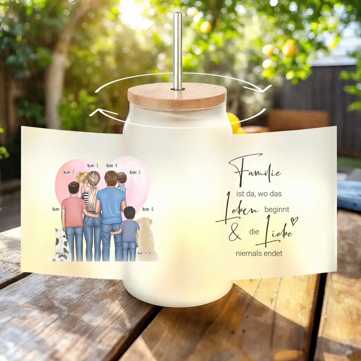 Personalisiertes Trinkglas mit Strohhalm - Familie mit 1-4 Kindern + 1-2 Hunde/Katzen