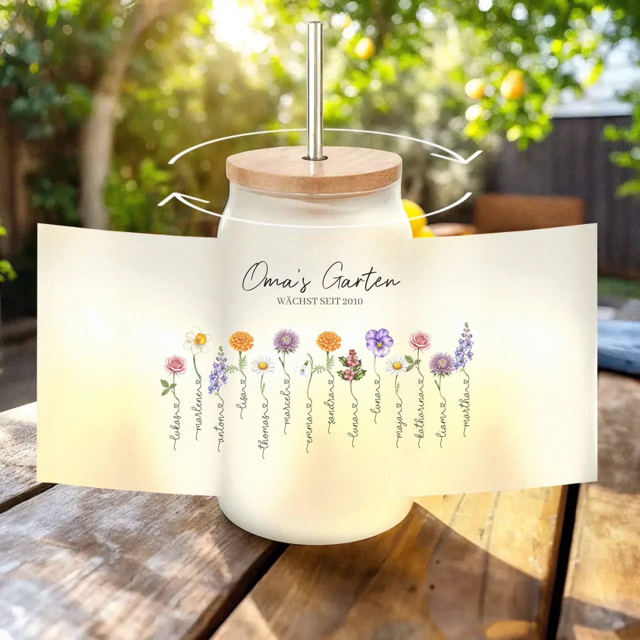 Personalisiertes Trinkglas mit Strohhalm - Omas Garten mit 1-14 Blumen/Namen
