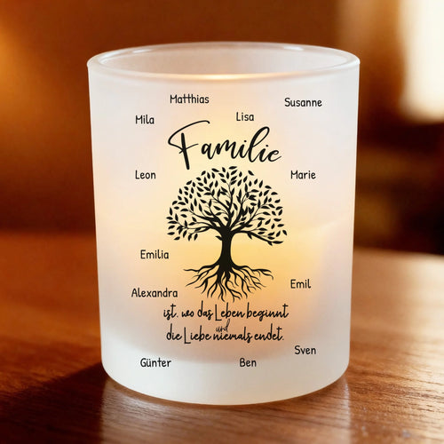 Personalisiertes Teelicht (Satin) - Familie ist wo Leben beginnt und die Liebe niemals endet